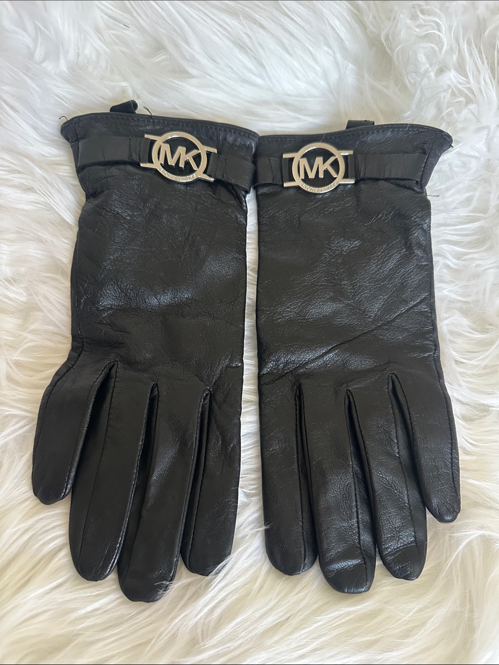 Michael Kors Black Leather Gloves with Silver MK Emblematic logo Size S